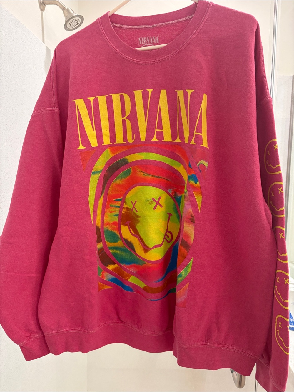 Urban Outfitters NIRVANA Bright Pink Crewneck with Multicolor Tie-Dye Smiley